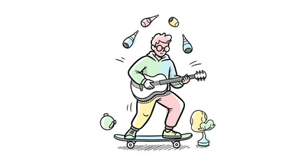 Skateboarder Playing Guitar While Juggling Objects