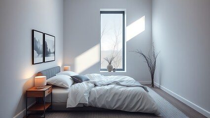 Minimalist modern bedroom interior with soft natural light and clean lines.