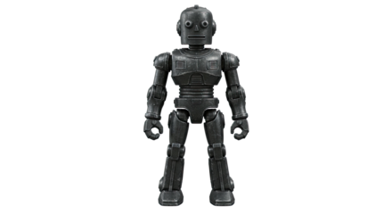 Detailed view of a black robot toy figure standing upright.