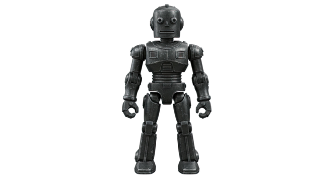 Detailed view of a black robot toy figure standing upright.