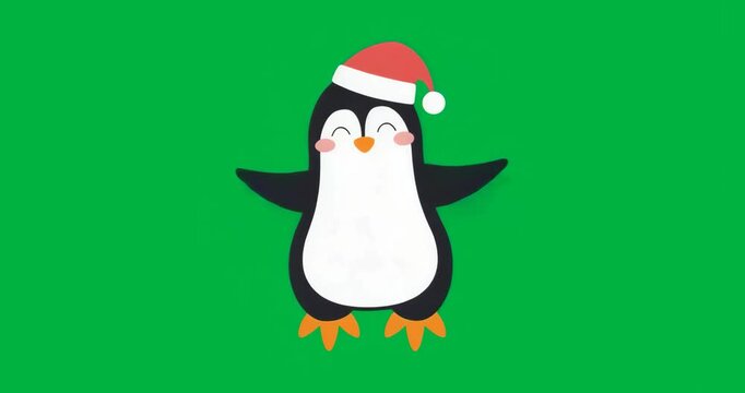 Aura pulsing behind Santa-hat penguin driving flapping head tilting in transparent background loop