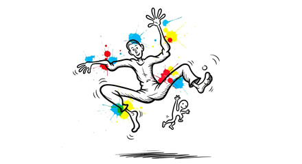 Joyful Cartoon Figure Jumping with Colorful Splashes
