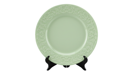 Elegant Ceramic Plate with Intricate Floral Design on Display Stand.