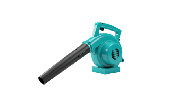 Electric teal leaf blower power tool for garden maintenance isolated on white.