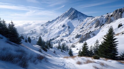 Snowy Mountain Peak with Alpine Trees Under a Partly Cloudy Blue Sky in Winter Season