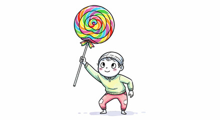 Happy Child Holding a Large Rainbow Swirl Lollipop