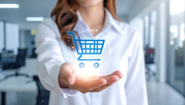 Futuristic hologram shopping cart symbol floating in a professional businesswoman’s palm