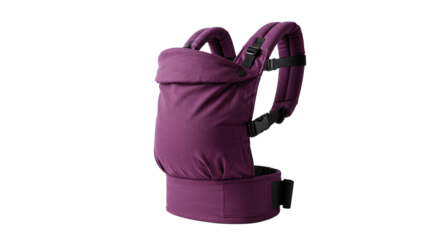 Ergonomic purple baby carrier with padded straps and waist belt.