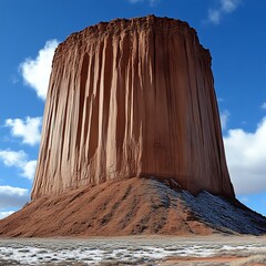 Massive, reddish rock formation.  Vast,  sunny sky