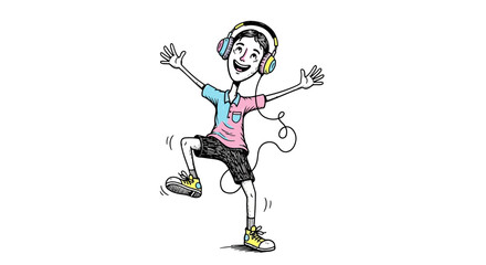 Cartoon Man Dancing with Headphones On, Arms Raised in Joyful Expression