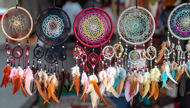 Colorful dream catchers hanging in a market