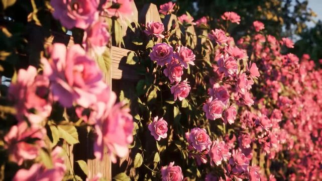 Pink roses blooming garden fence