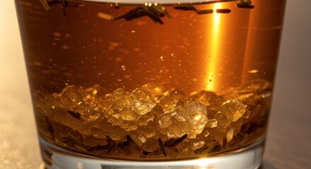 Amber drink in glass with sugar crystals