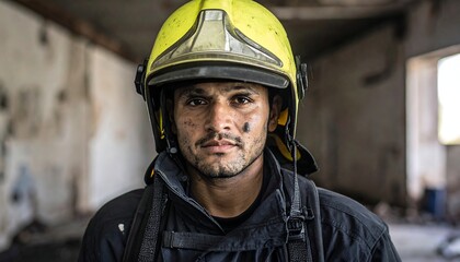 Serious firefighter in ruined building