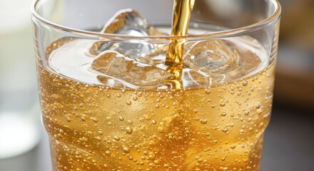 Amber drink pouring over ice