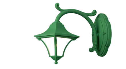 Green outdoor wall lamp with decorative design and elegant shape.