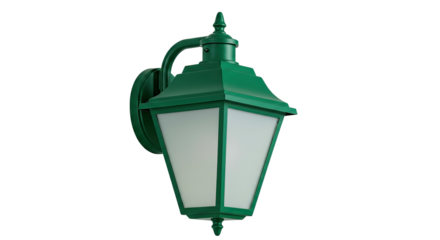 Green outdoor wall lantern with frosted glass vintage style.