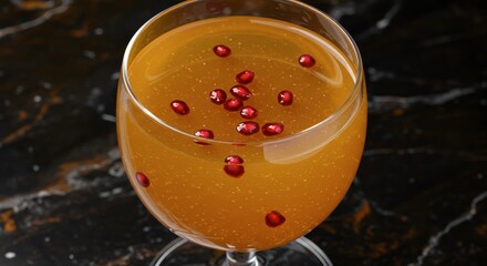 Amber drink with pomegranate garnish