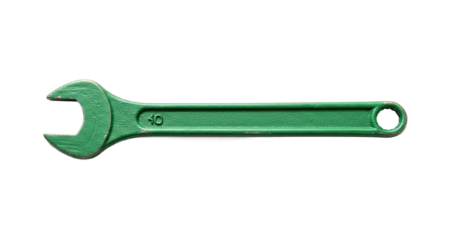 Green open end wrench isolated on a white background.