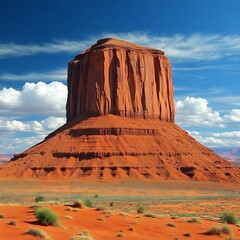 Massive sandstone butte under a vibrant blue sky.  Vast desert landscape