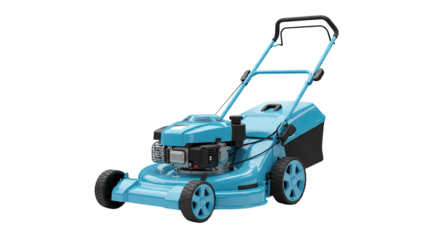 Light Blue Lawn Mower with Black Engine and Dark Gray Collection Box.