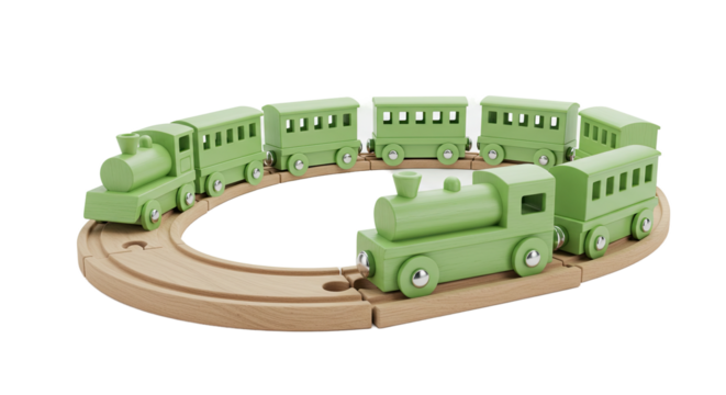 Green Wooden Toy Train Set on Circular Track.