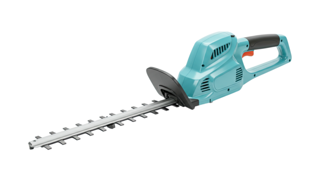 Light blue electric hedge trimmer for gardening and landscaping isolated on white.