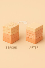 Before after skincare retinol concept, skin layers smoothing, anti wrinkle result, hydration boost, collagen support, creamy pastel 3D illustration
