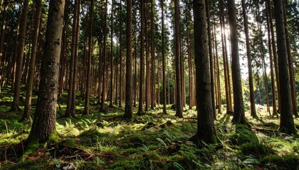 Obraz premium Sunlit forest floor with tall trees