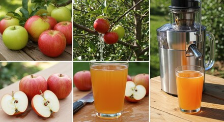 Apples juice and juicer collage