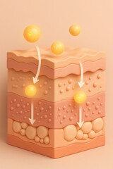 Layered skin cross section retinol skincare treatment diagram soft glow arrows absorption collagen support hydration gentle