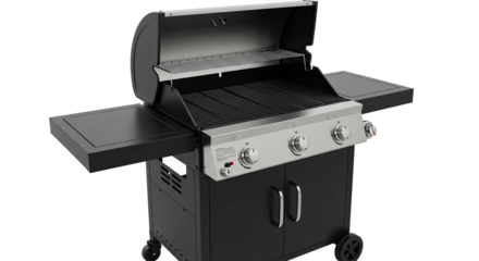 Modern black and stainless steel three burner gas grill.