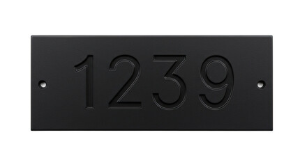 Modern black house number plaque with carved digits.