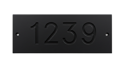 Modern black house number plaque with carved digits.