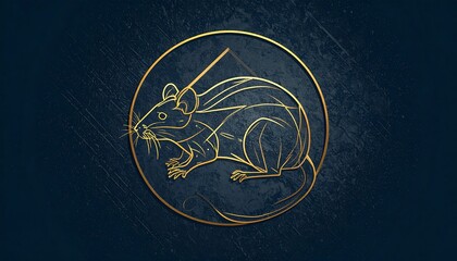 Golden rat illustration enclosed in a gold circle, set against a textured dark blue backdrop