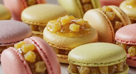 Assorted colorful macarons with candied ginger