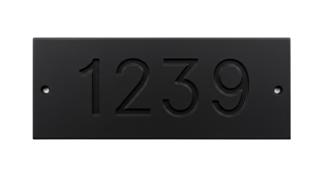 Modern black house number plaque with carved digits.