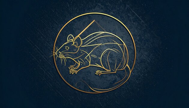 Golden rat illustration enclosed in a gold circle, set against a textured dark blue backdrop