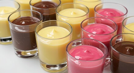 Assortment of dessert cups with colorful creamy fillings