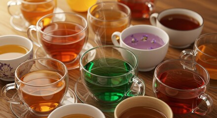 Assorted tea cups with varied drinks