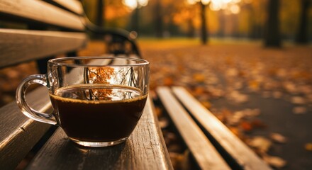 Autumn coffee break park bench