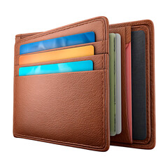 Elegant brown leather wallet filled with colorful cards, showcasing financial organization and convenience. Transparent background.