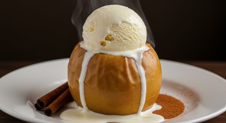 Baked apple with vanilla ice cream