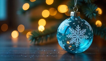 Obraz premium Stunning turquoise Christmas ornament with intricate snowflake design sparkles under warm bokeh lights, perfect for festive decor and holiday marketing