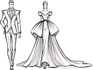 Elegant wedding fashion illustration, bride in luxury gown, groom in stylish tuxedo, runway sketch design, haute couture couple artwork, fashion drawing