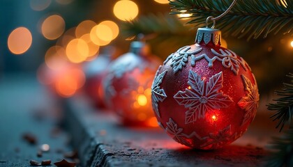 Sparkling red Christmas ornament adorned with white snowflakes glows warmly amid festive bokeh lights and pine needles.