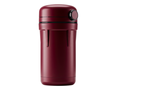 Red insulated travel mug with a secure lid for hot or cold beverages.