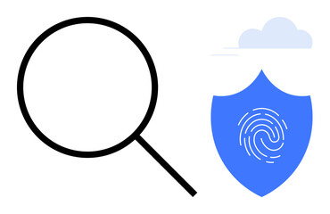 Magnifying glass next to a shield with fingerprint and cloud, representing security, investigation, and identity verification. Ideal for privacy, analysis, protection, technology, cybersecurity