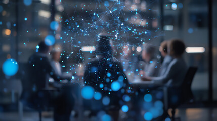 Business professionals in a blurred office setting with a digital network overlay, symbolizing connectivity, technology, and collaboration in a modern work environment