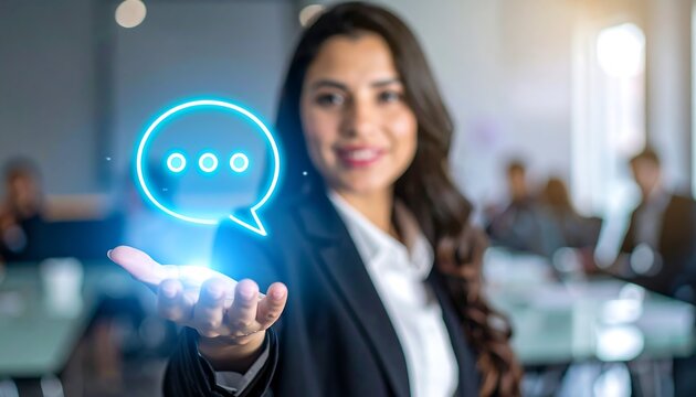 Futuristic holographic speech bubble icon displayed in businesswoman hand for digital communication